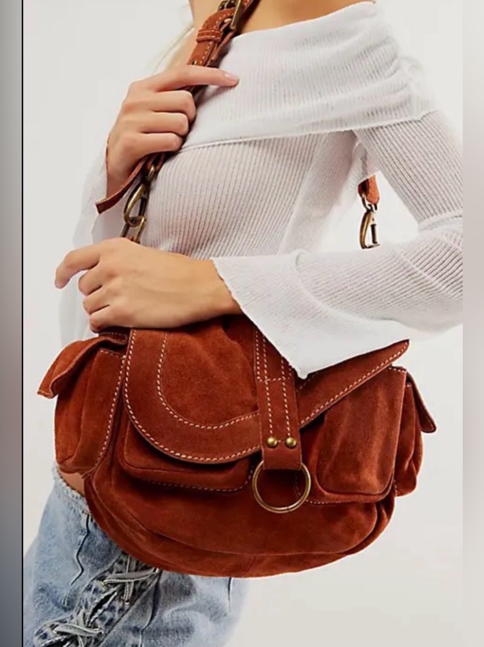 Free People Wylie Suede Saddle Shoulder Crossbody Bag in Rust